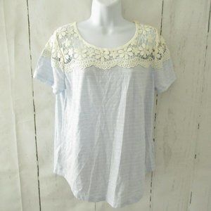 New Ann Taylor Top L Large Blue Stripe Crochet Lace Boho Peasant